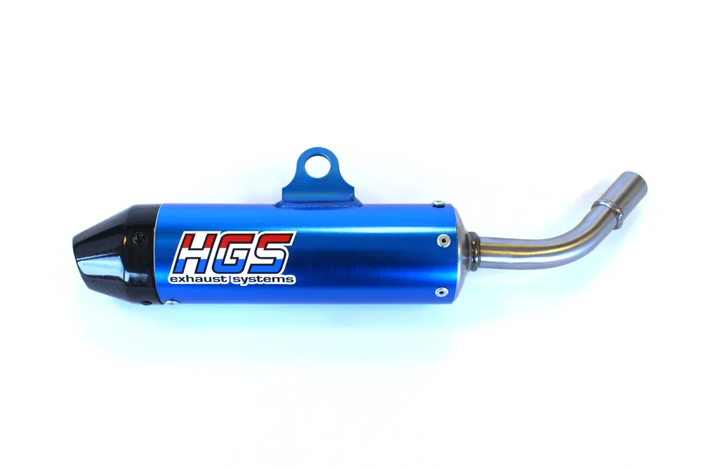 HGS uitlaatdemper aluminium blauw met carbon eindkap Yamaha YZ 125 2002- & Fantic XX 125 2021- Op = Op