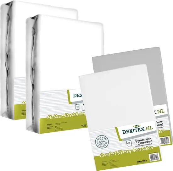 4 Delige set Queensbed, (2x) Hoeslaken 1x Lichtgrijs 1x Wit en 2x Molton Flitsaanbieding